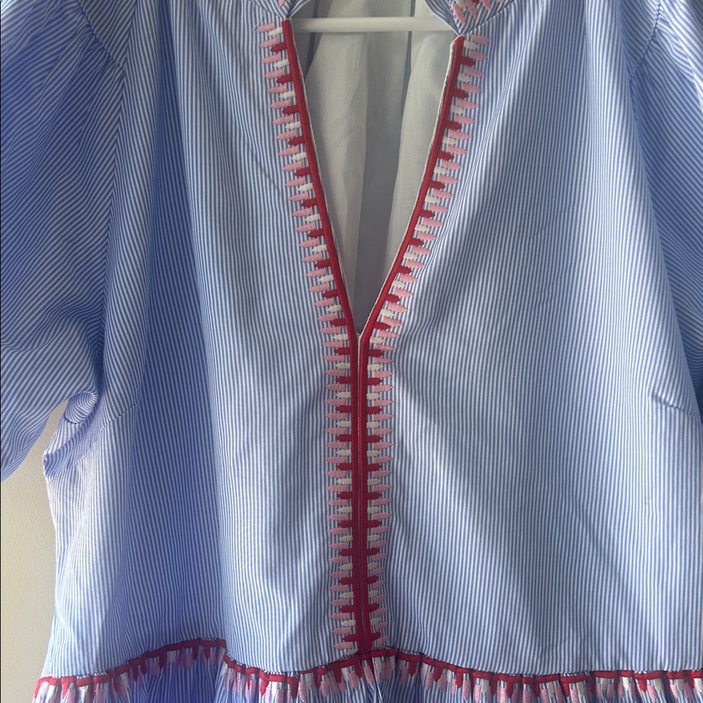 Light Blue Embroidered Tiered Casual Dress with Pink Trim - Picture 9 of 14